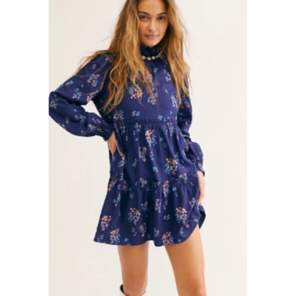 NEW Free People Petit Fours Indigo Blue Floral Linen Mini Dress M - Picture 3 of 11